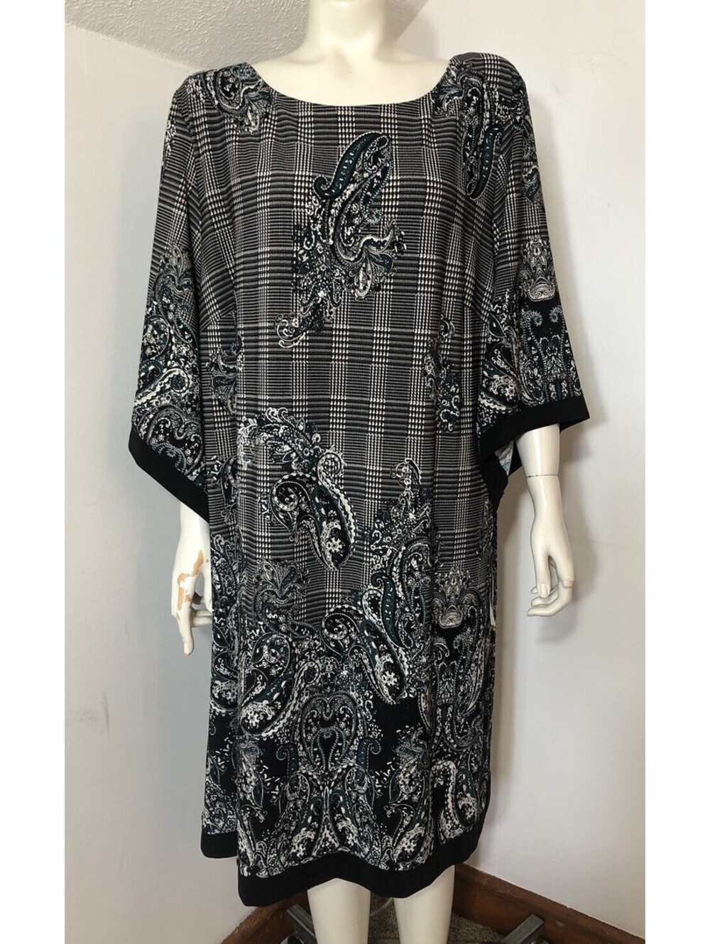 Studio One New  Womens 3XL Dress Black White Plaid Paisley Dress 3/4 Wide Sleeve